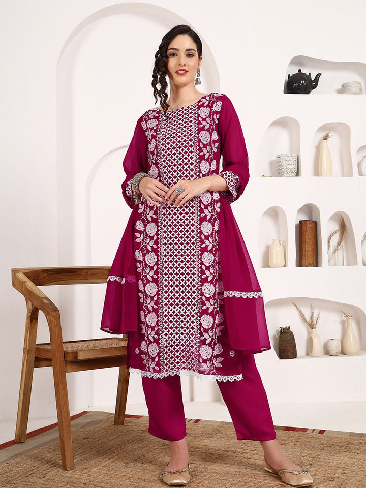 KALINI Floral Embroidered Chikankari Georgette Straight Kurta With Trousers & Dupatta