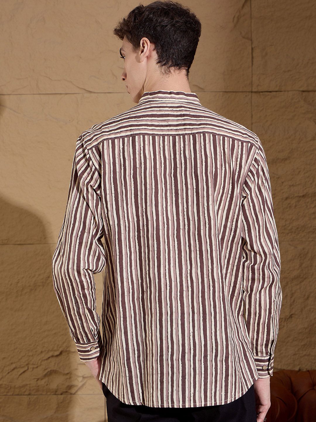 DENNISON Striped Printed Pure Cotton Band Collar Straight Kurta