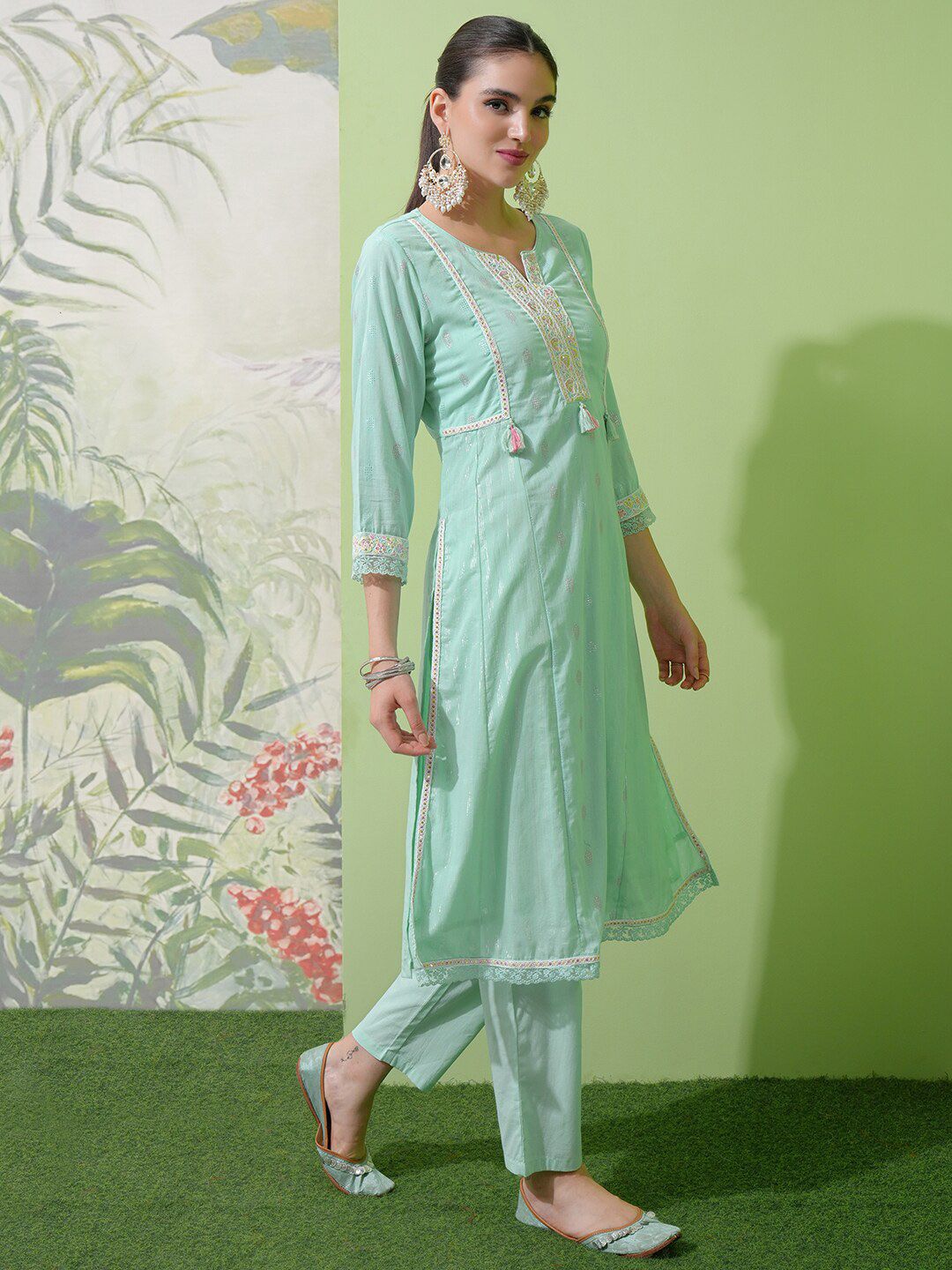 Vishudh Green Embroidered Notch Neck Pure Cotton A-Line Kurta With Trousers & Dupatta