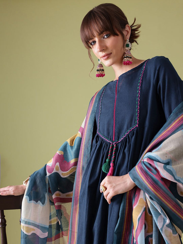 Anouk Pleated Pure Cotton Kurta with Trousers & Dupatta