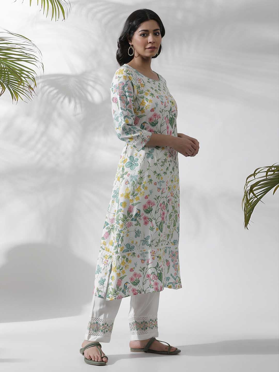 W White Floral Printed Straight Kurta