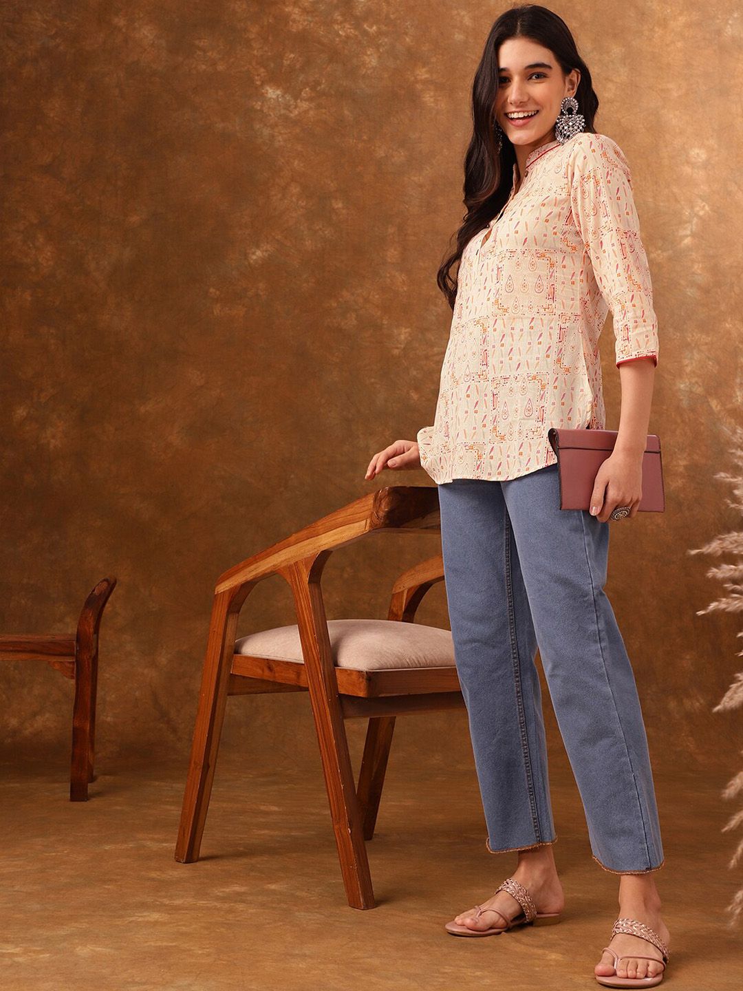 Anouk Ethnic Motif Printed Mandarin Collar Three-Quarter Sleeves Cotton Short Kurti