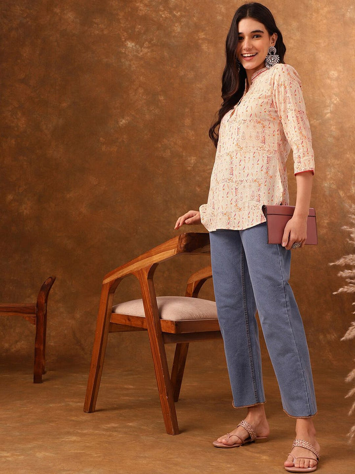 Anouk Ethnic Motif Printed Mandarin Collar Three-Quarter Sleeves Cotton Short Kurti