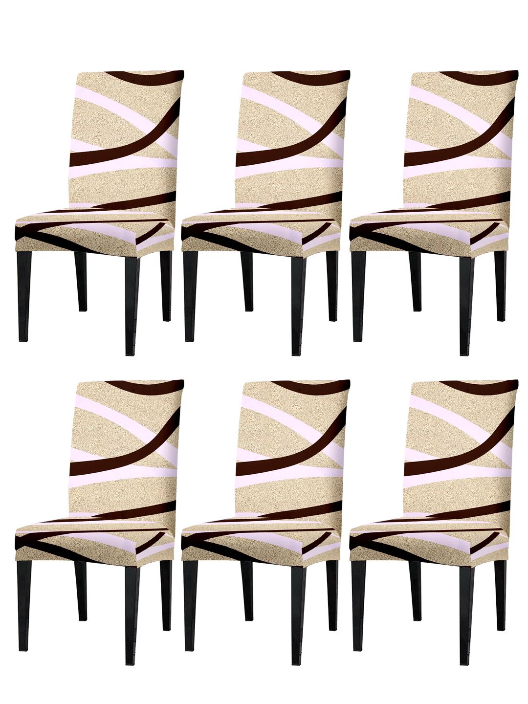 Cortina Beige & Brown 6-Pieces Abstract Printed Super Stretchy Dining Chair Covers