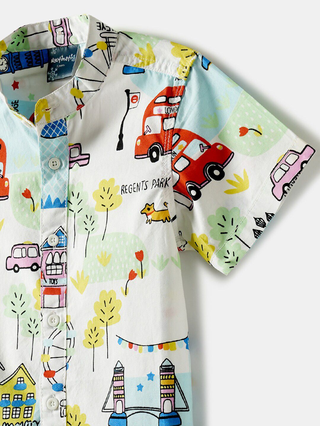 Nauti Nati Boys Conversational Printed Mandarin Collar Pure Cotton Shirt With Shorts