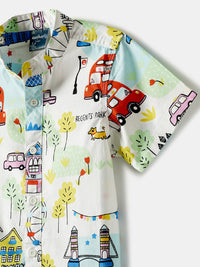 Nauti Nati Boys Conversational Printed Mandarin Collar Pure Cotton Shirt With Shorts