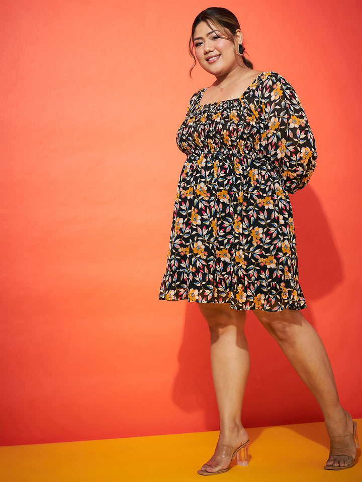 SASSAFRAS Curve Plus Size Black Floral Printed Smocked Georgette Fit & Flare Dress