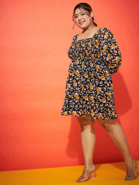 SASSAFRAS Curve Plus Size Black Floral Printed Smocked Georgette Fit & Flare Dress