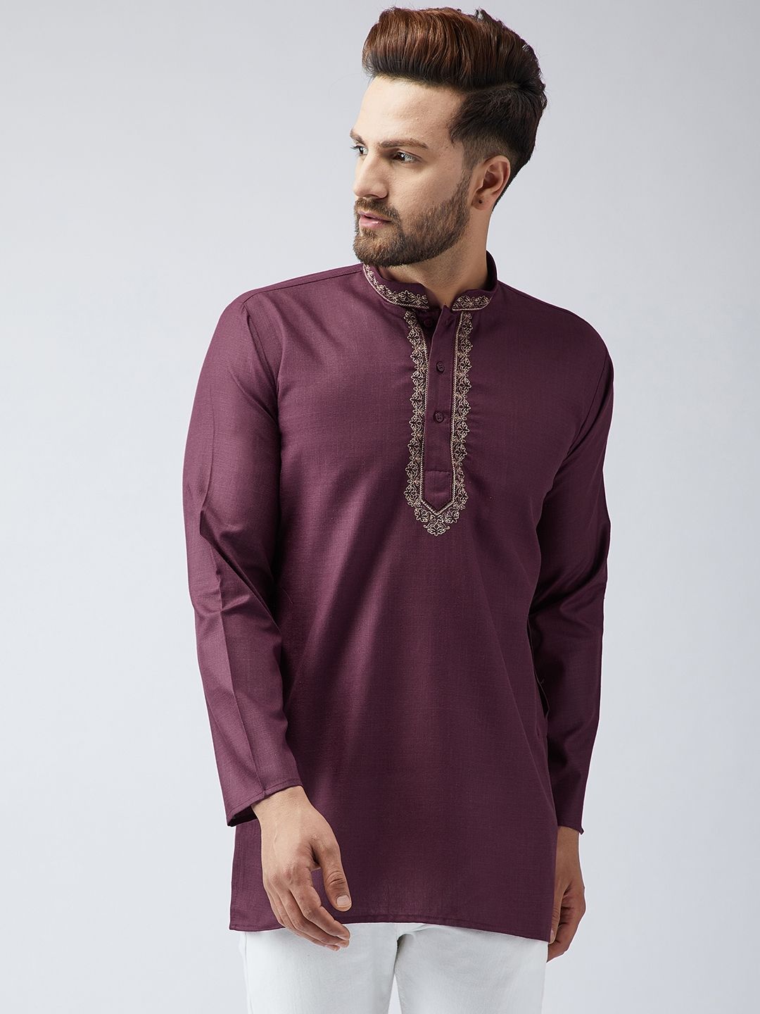 SOJANYA Men Burgundy Embroidered Short Kurta