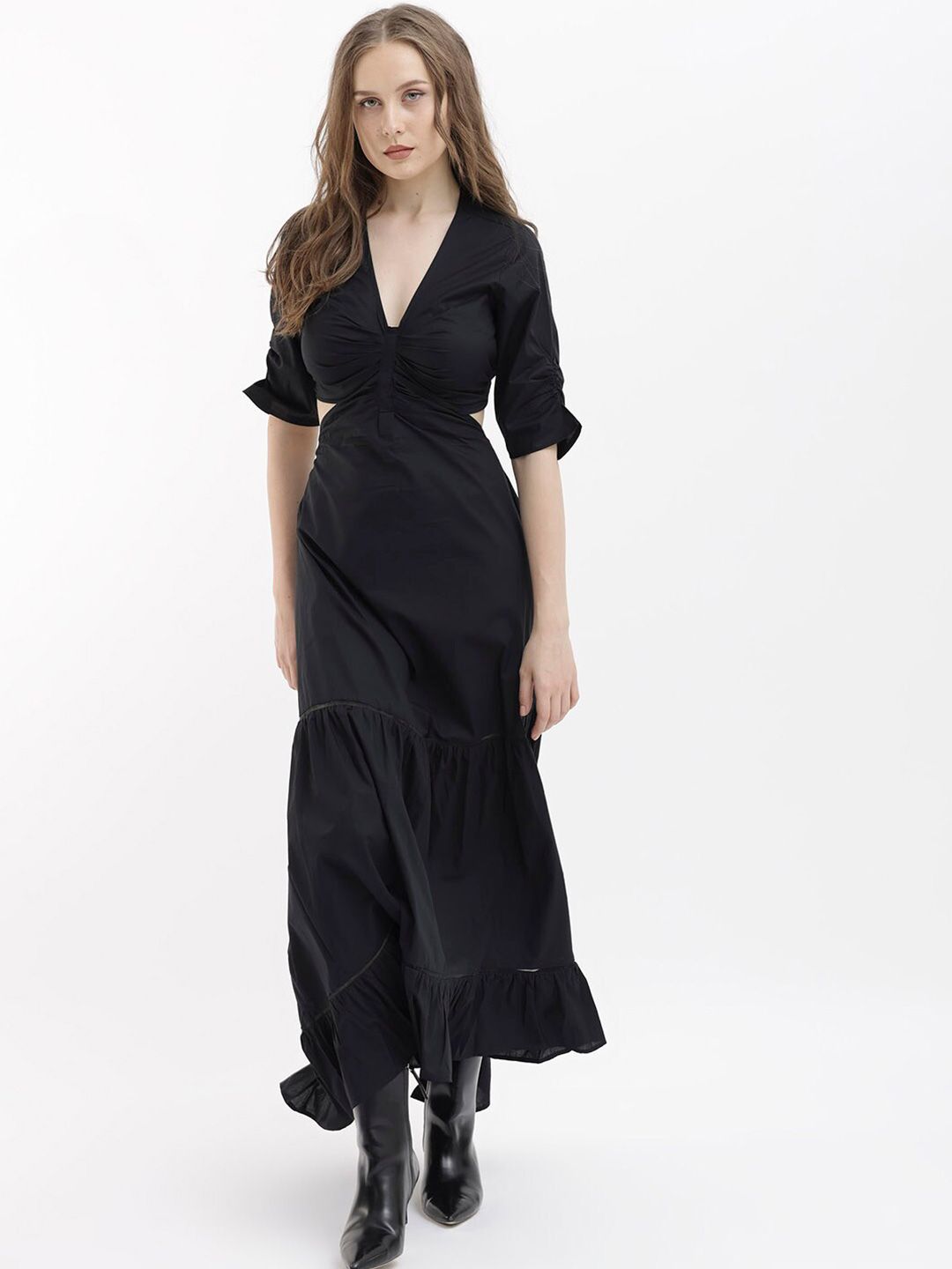 RAREISM V Neck Cut Out Tiered Maxi Dress