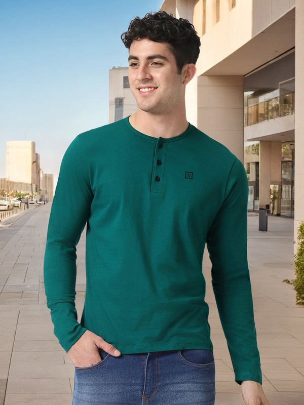 Urbano Fesyen Lelaki Hijau Pepejal Henley Neck T-Shirt Kapas Tulen