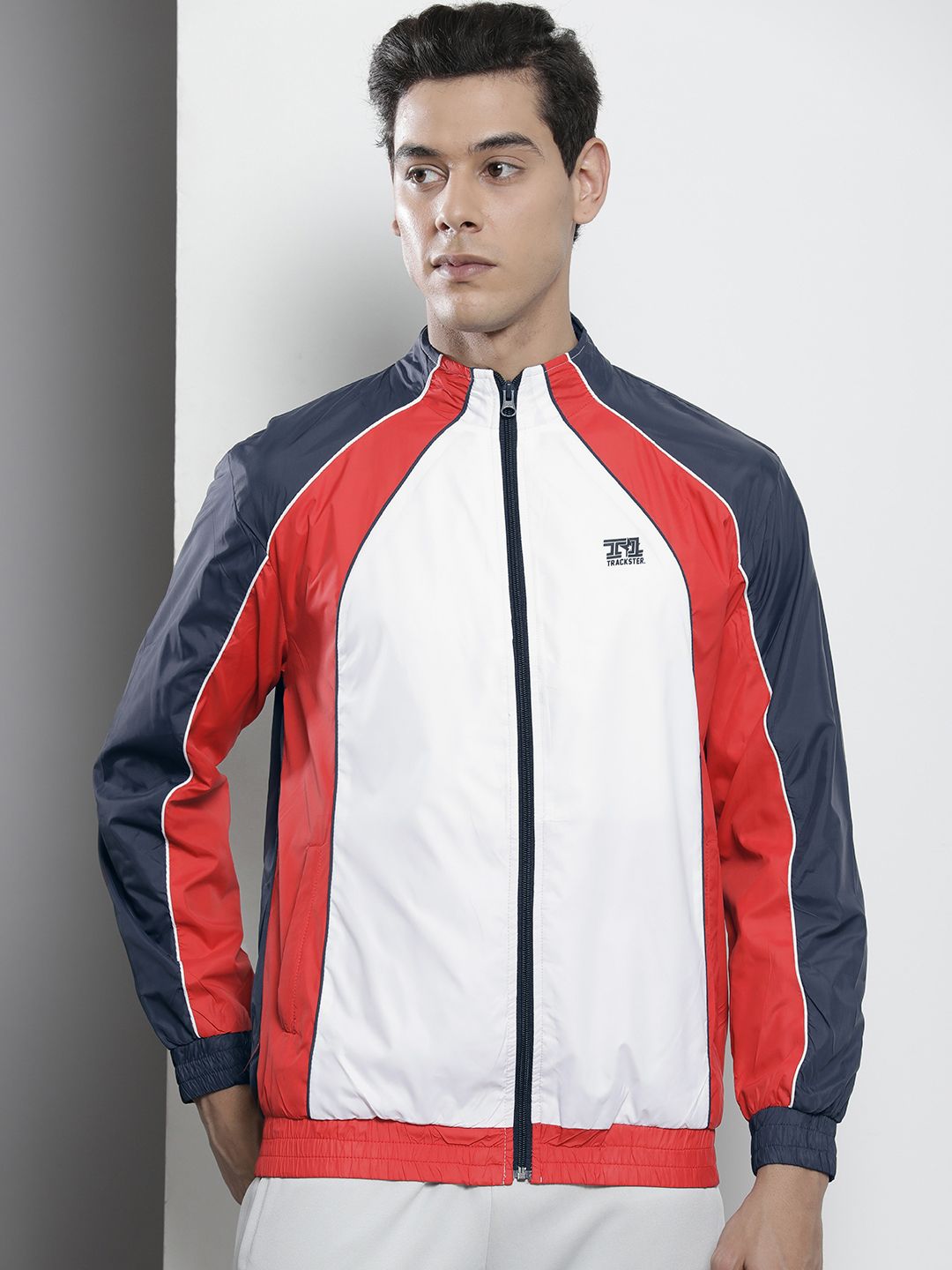 The Indian Garage Co Men Navy Blue White Colourblocked Windcheater Jacket