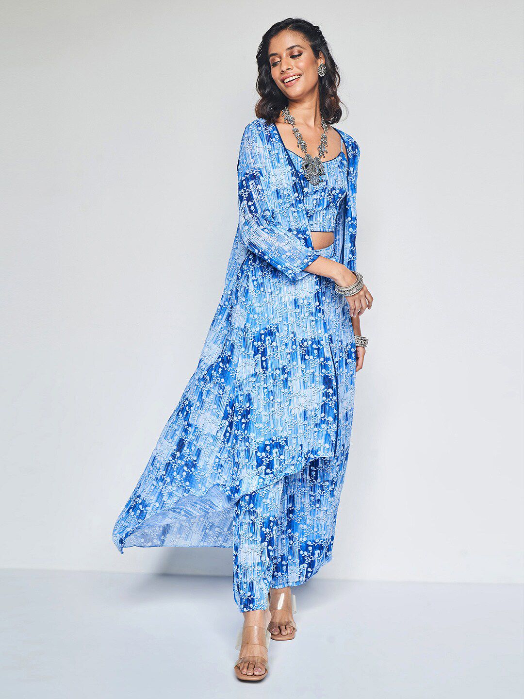 Global Desi Floral Printed Top With Shrug & Trousers Co-Ords