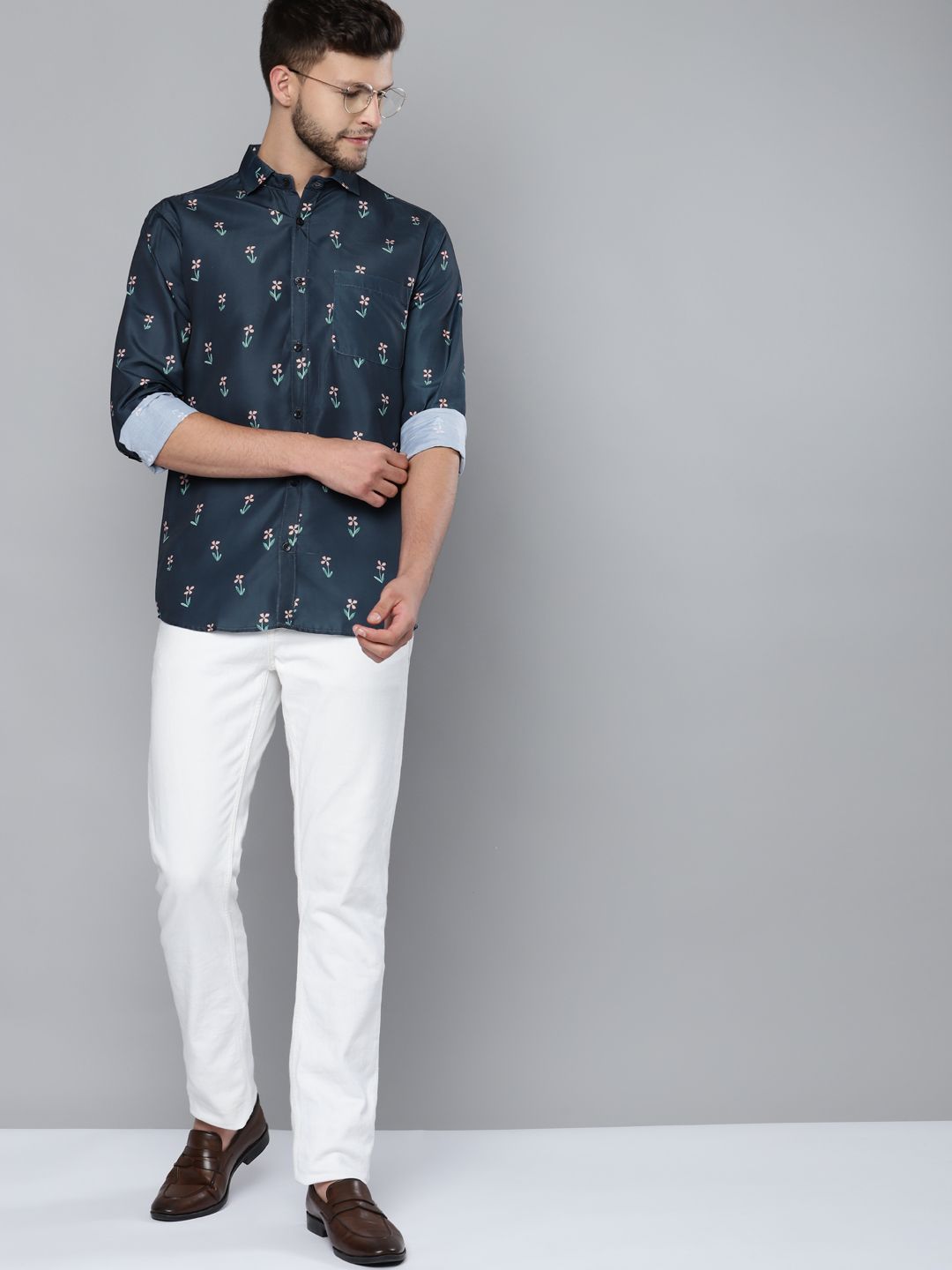 DENNISON Men Navy Blue Smart Slim Fit Floral Printed Formal Shirt