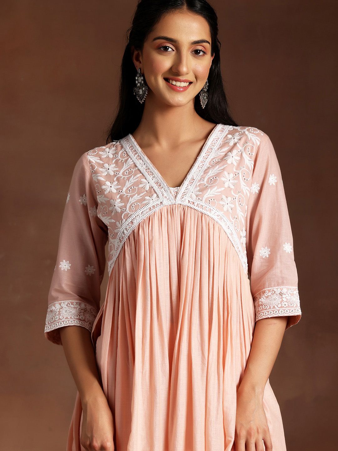 Libas Peach Ethnic Motifs Embroidered V-Neck Thread Work Pure Cotton A-Line Kurta Set