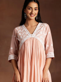 Libas Peach Ethnic Motifs Embroidered V-Neck Thread Work Pure Cotton A-Line Kurta Set