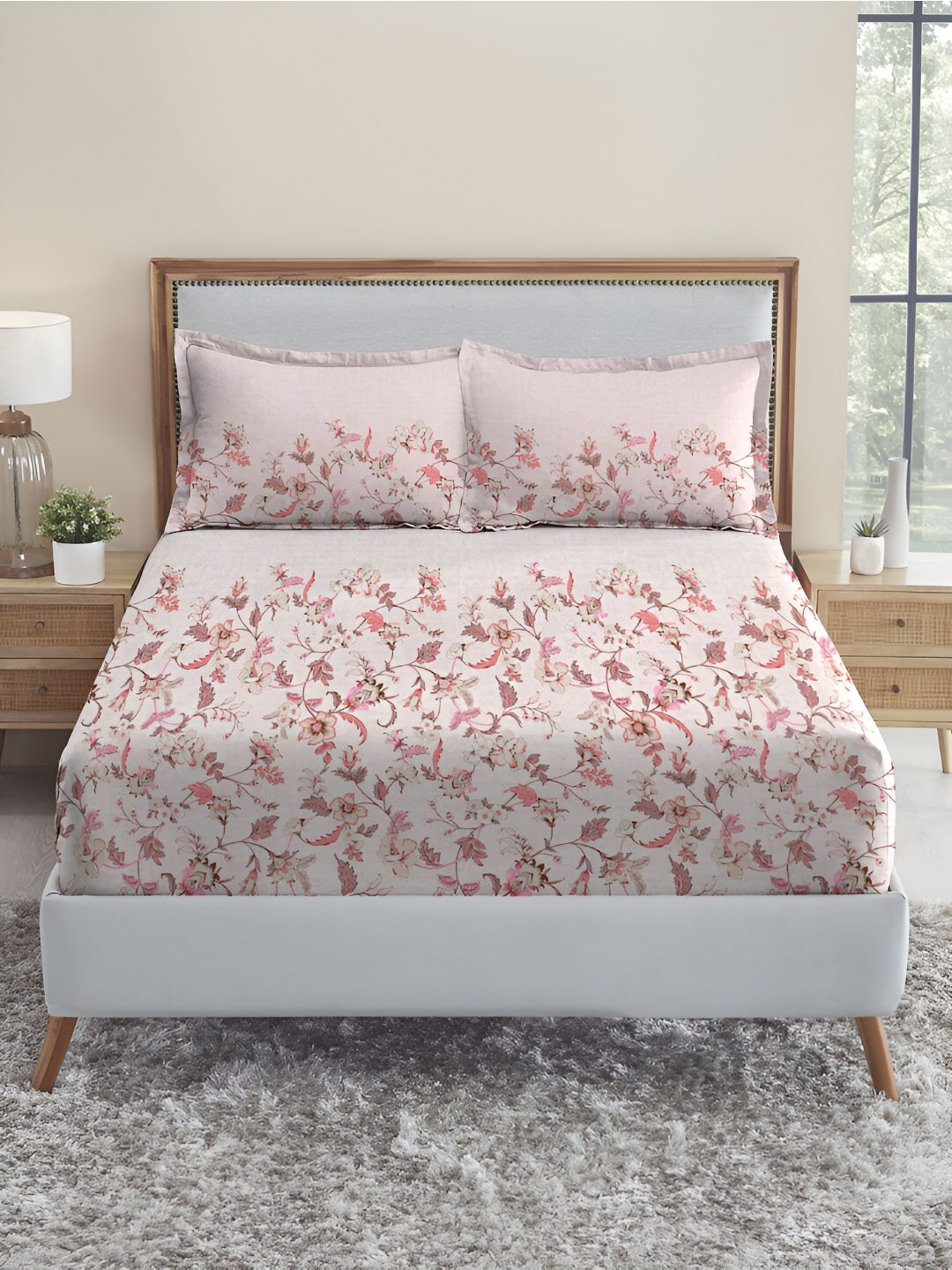 MYTRIDENT White & Peach Floral 210 TC Cotton Fitted King Bedsheet with 2 Pillow Covers