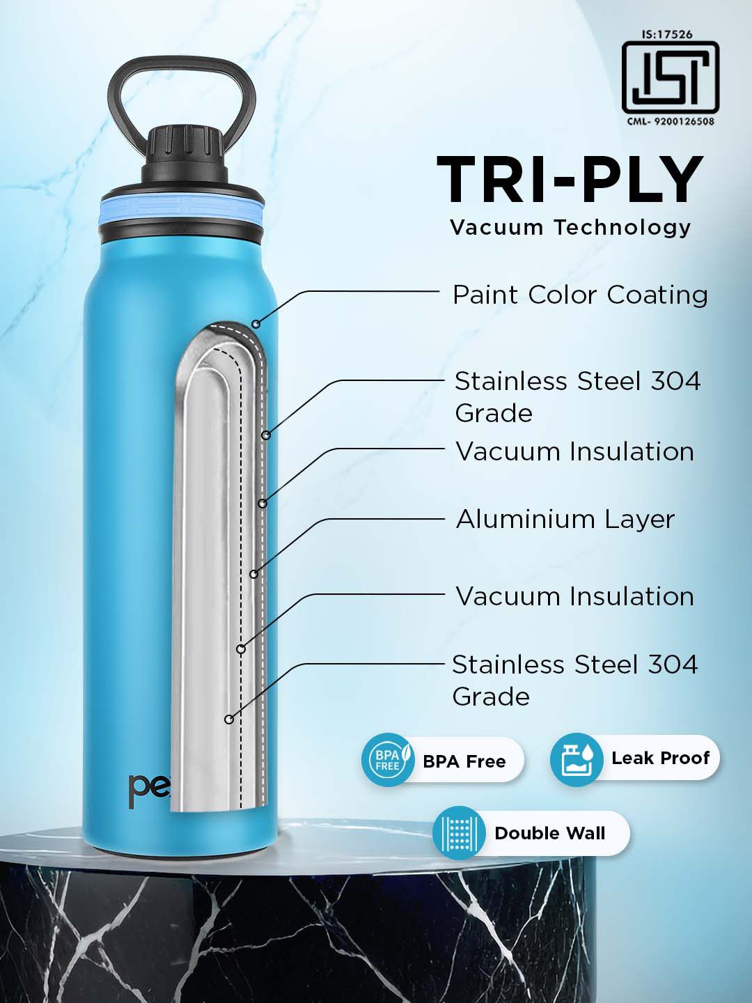 Pexpo Austin Blue Double wall Thermosteel Hot & Cold Blue Insulated Water Bottle 740ml