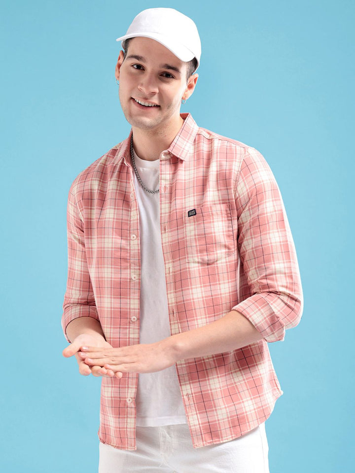 The Indian Garage Co Men Coral Pink & Off-White Cotton Smart Fit Checked Casual Shirt