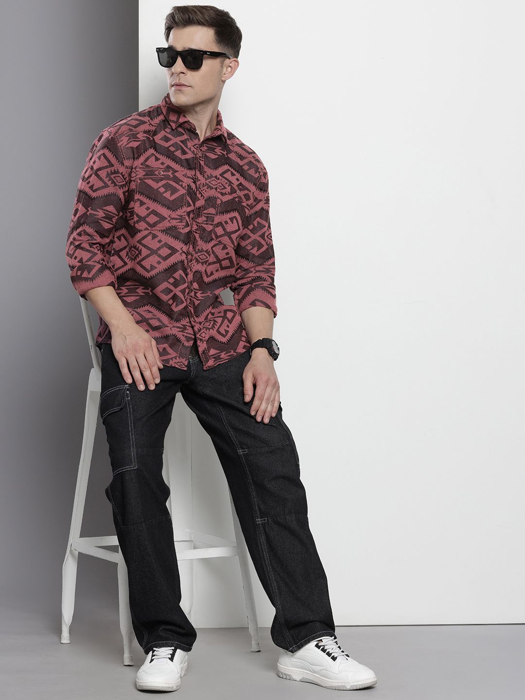 The Indian Garage Co Self Design Geometric Jacquard Relaxed Fit Shirt