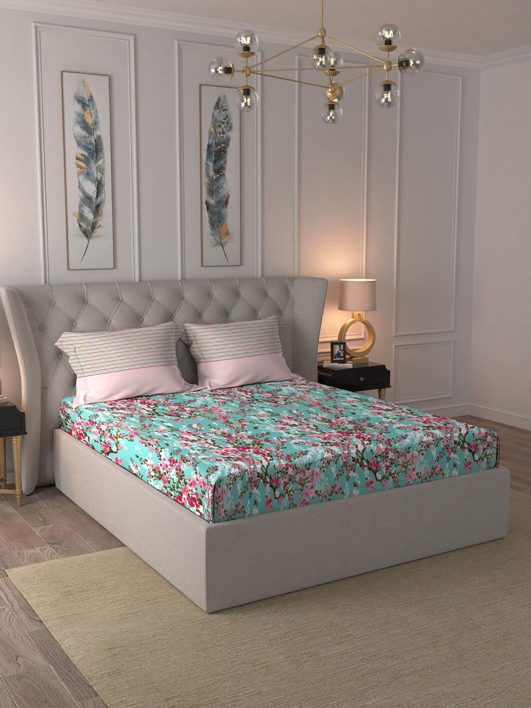MYTRIDENT Turquoise Blue  Pink Floral Pure Cotton 144 TC Queen Bedsheet  2 Pillow Covers