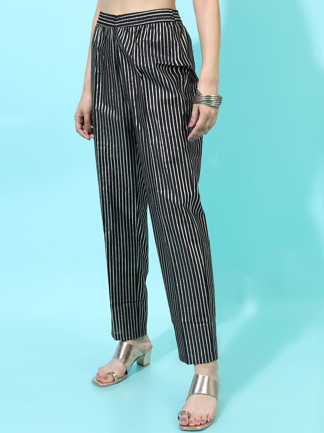 Vishudh  Women Black Striped Casual Trouser
