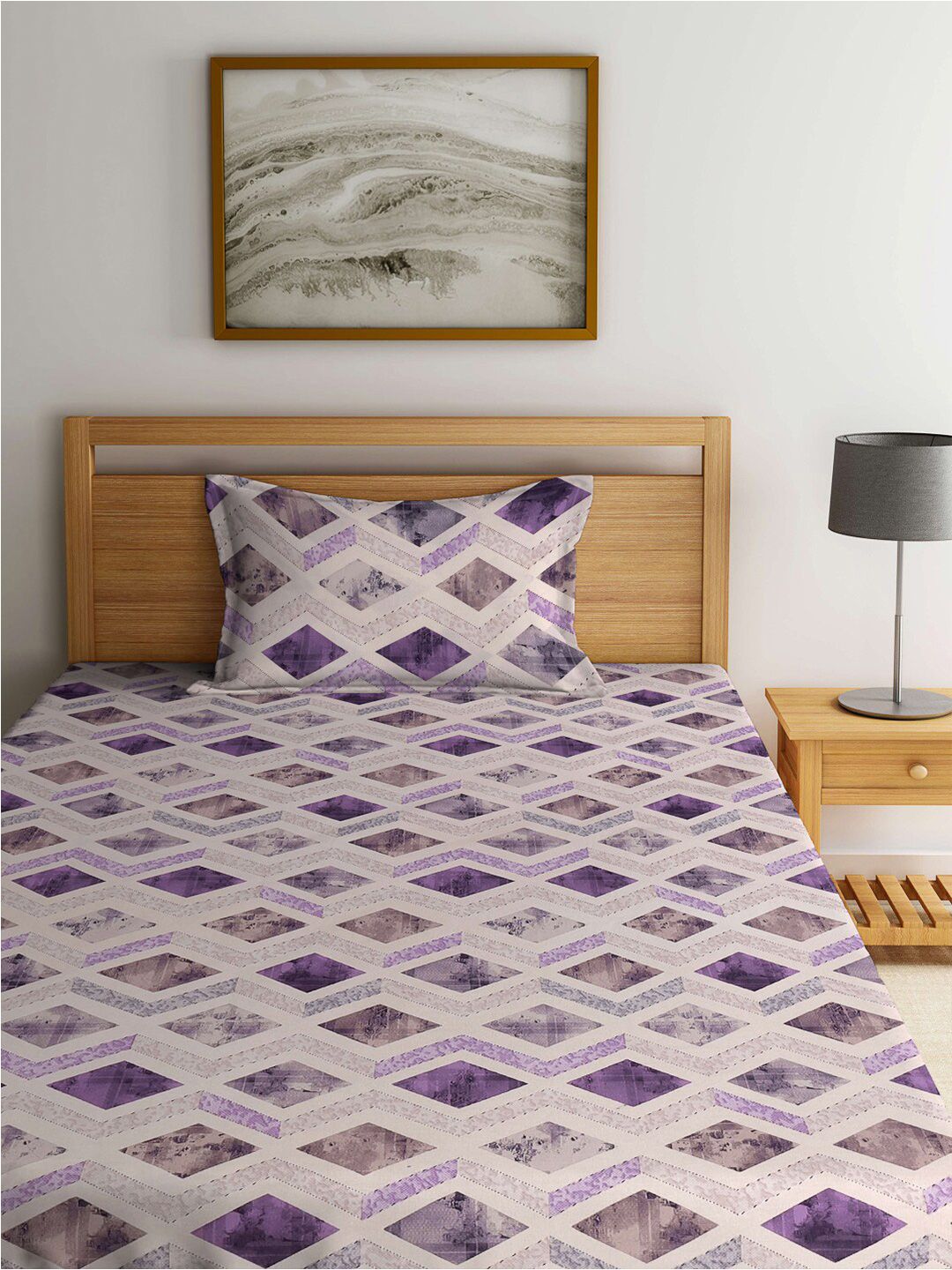 KLOTTHE Purple & White Printed 400 TC Pure Cotton Single Bedsheet With Pillow Cover