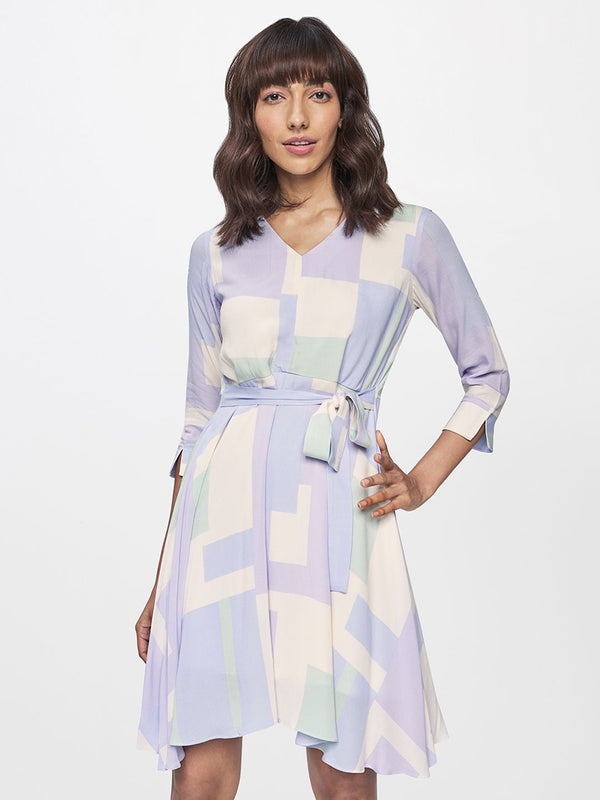 AND Blue & White Printed Waist Tie-Ups Detail Fit and Flare Formal Dress