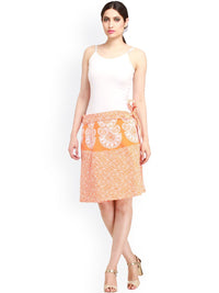 Exotic India Pure Cotton Carrot Orange Block Printed Wrap-Around Mini-Skirt