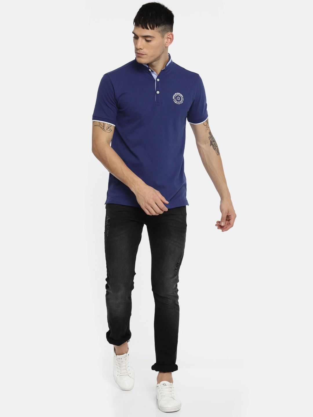 Being Human Clothing Men Blue Solid Mandarin Collar T-shirt