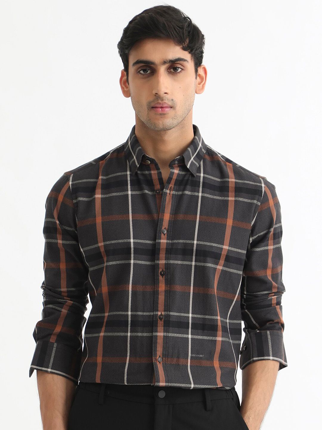 RARE RABBIT Men Keller Checked Slim Fit Spread Collar Cotton Shirt