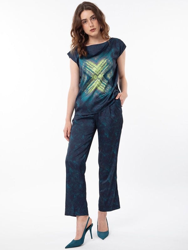 RAREISM Women Abstract Printed Slim Fit Satin Trousers