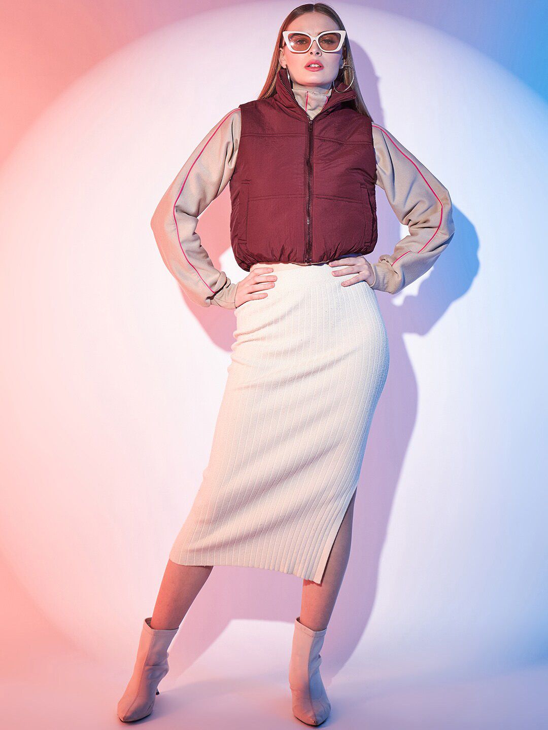 STREET 9 Maroon Stand Collar Lightweight Sleeveless Crop Puffer Jacket