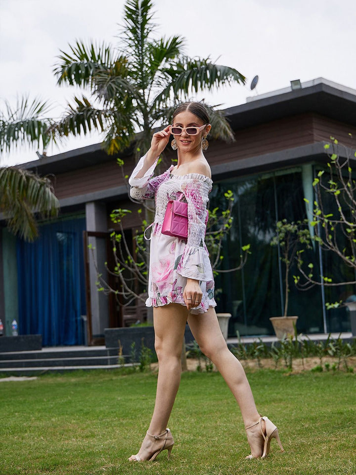 SASSAFRAS Floral Printed Off-Shoulder Smocked Playsuit