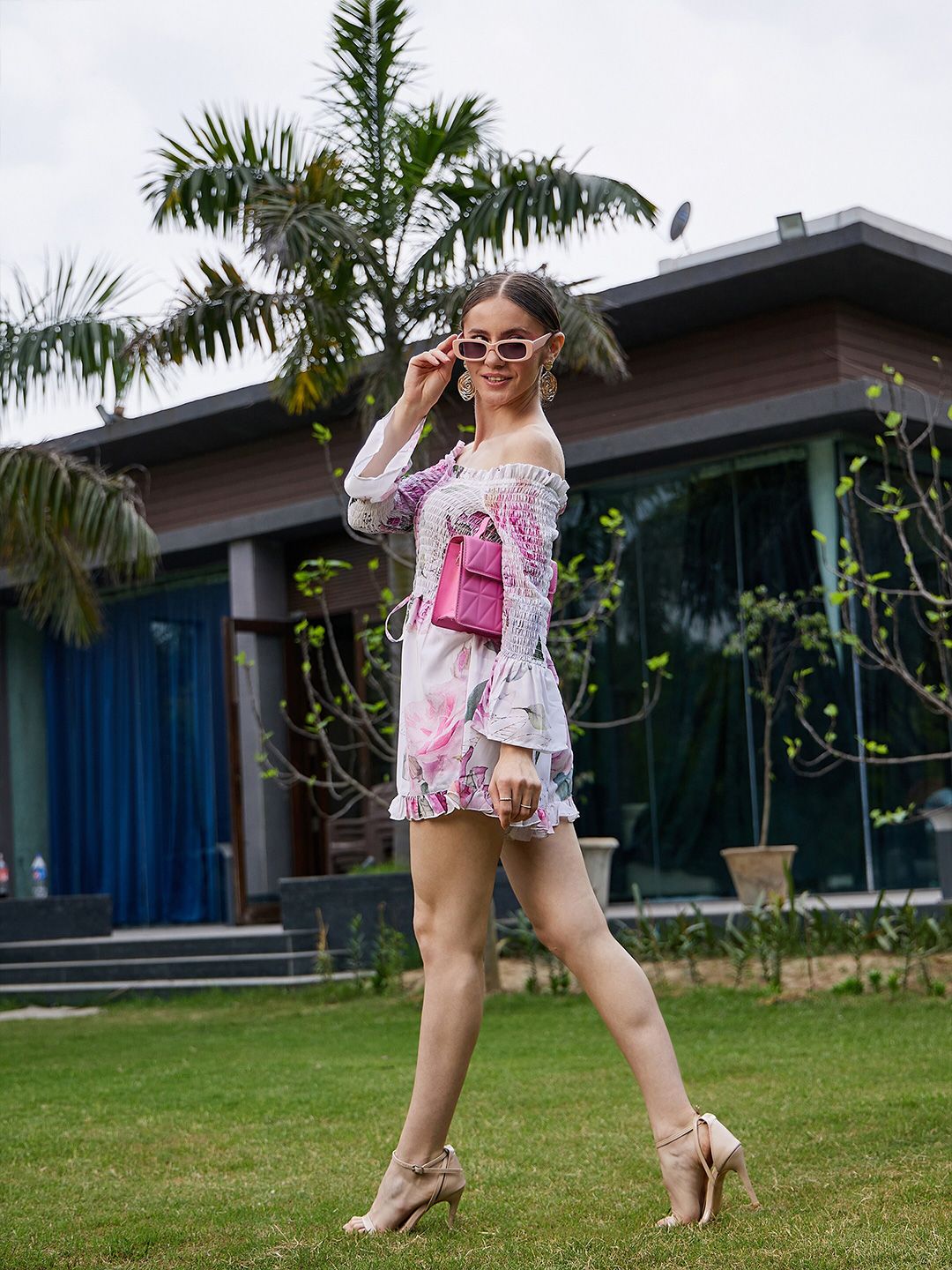 SASSAFRAS Floral Printed Off-Shoulder Smocked Playsuit