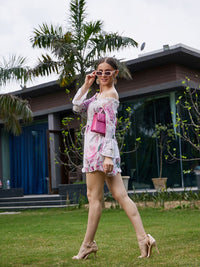 SASSAFRAS Floral Printed Off-Shoulder Smocked Playsuit