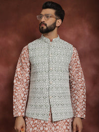 Anouk Floral Embroidered Regular Thread Work Kurta & Churidar With Nehru Jacket