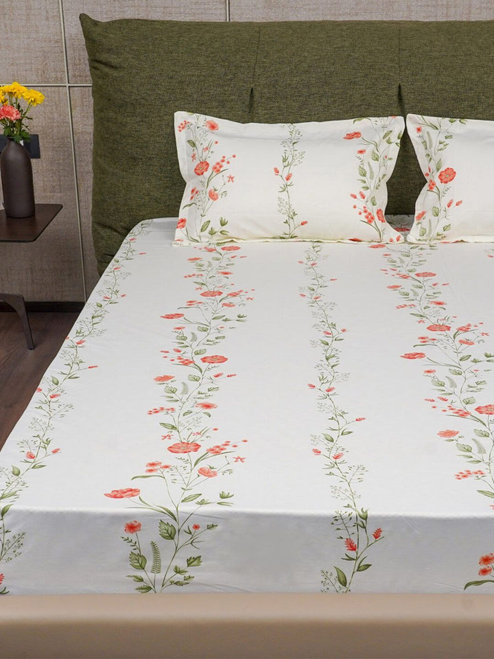 URBAN SPACE Peach-Coloured Printed Cotton 200 TC Single Bedsheet With 2 Pillow Covers