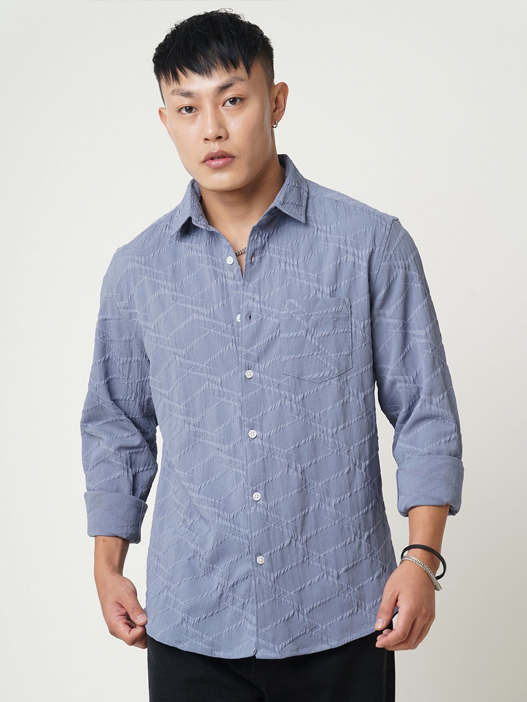VASTRADO Men Classic Fit Spread Collar Textured Casual Shirt
