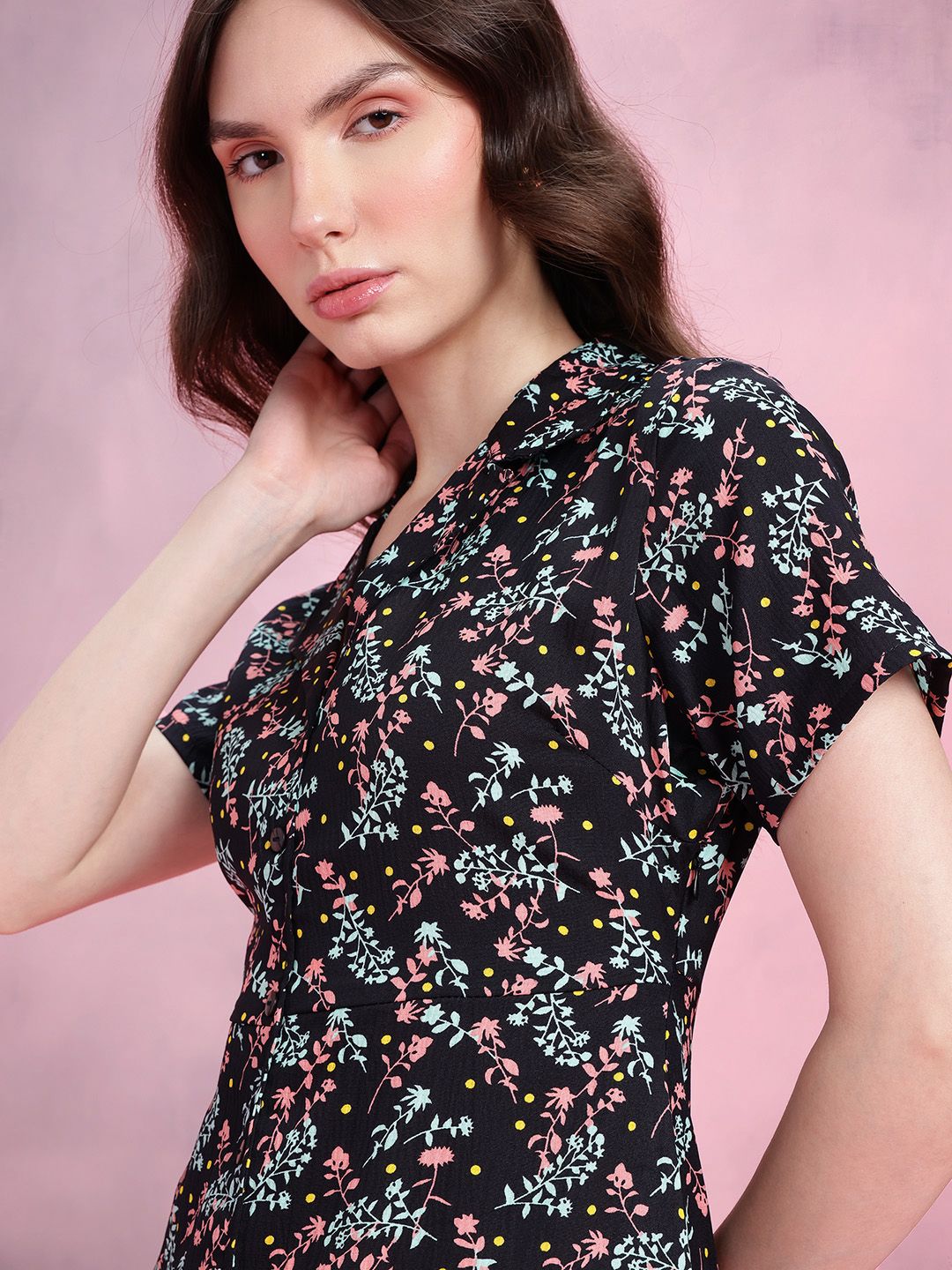 DressBerry Floral Print Notched Lapel Collar Shirt-Style Dress