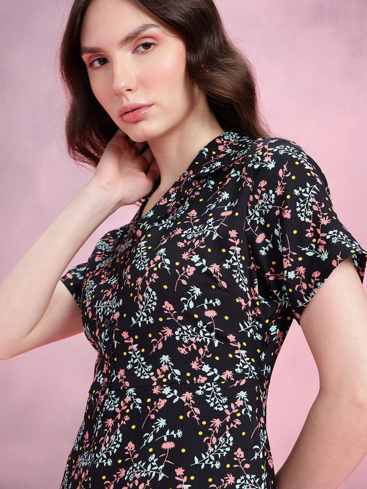 DressBerry Floral Print Notched Lapel Collar Shirt-Style Dress