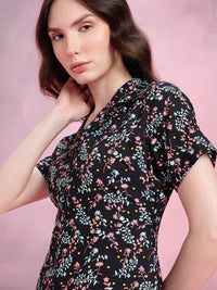 DressBerry Floral Print Notched Lapel Collar Shirt-Style Dress