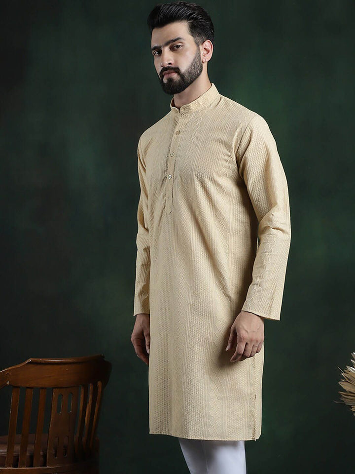 SOJANYA Motif Etnik Bersulam Kolar Mandarin Benang Kerja Cotton Kurta Lurus
