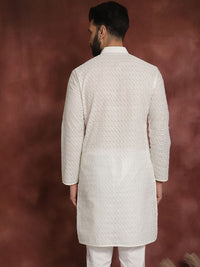 SOJANYA Men Cream-Coloured Embroidered Straight Kurta