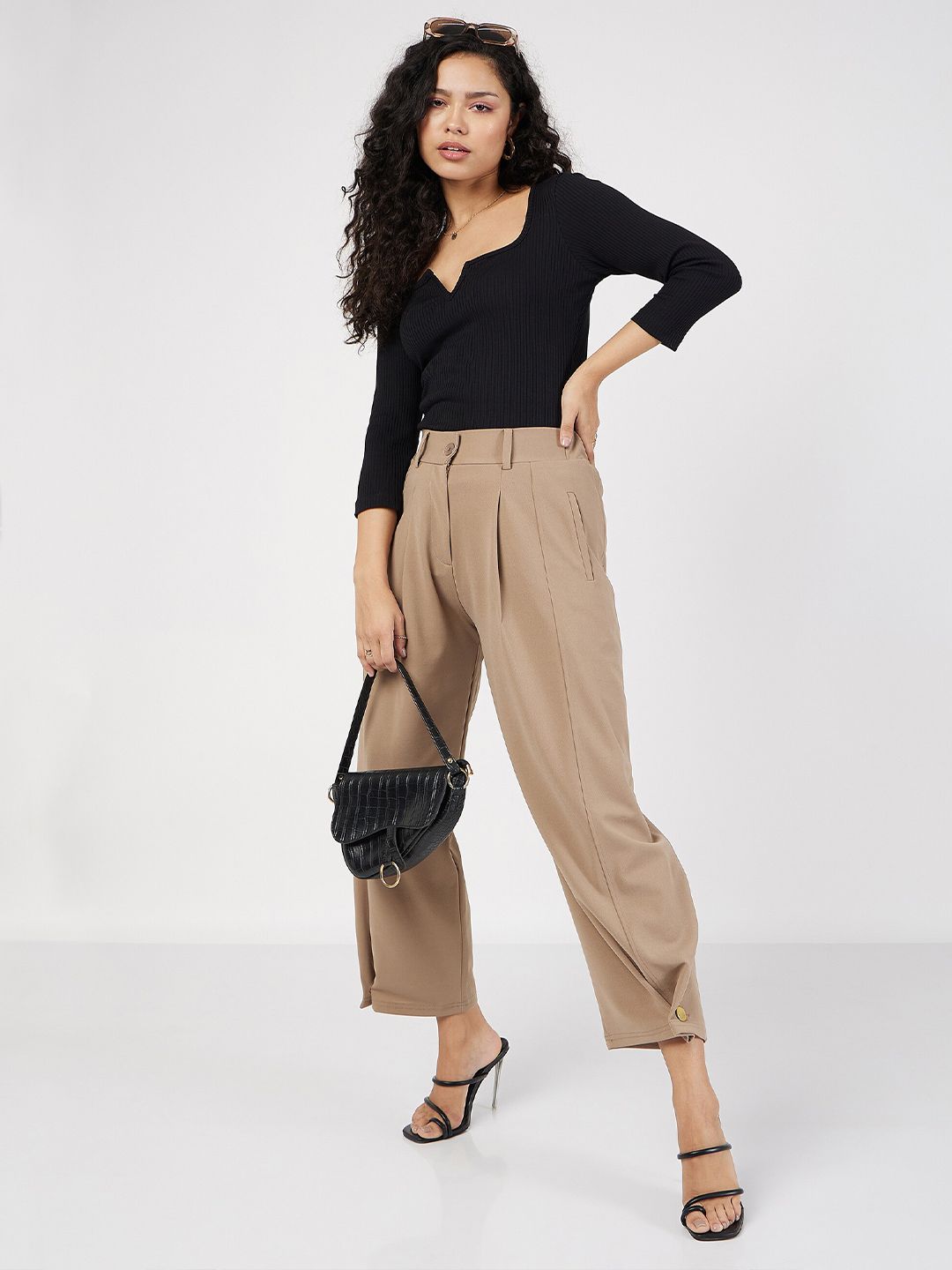 SASSAFRAS Black Ribbed Scoop Neck Fitted Top