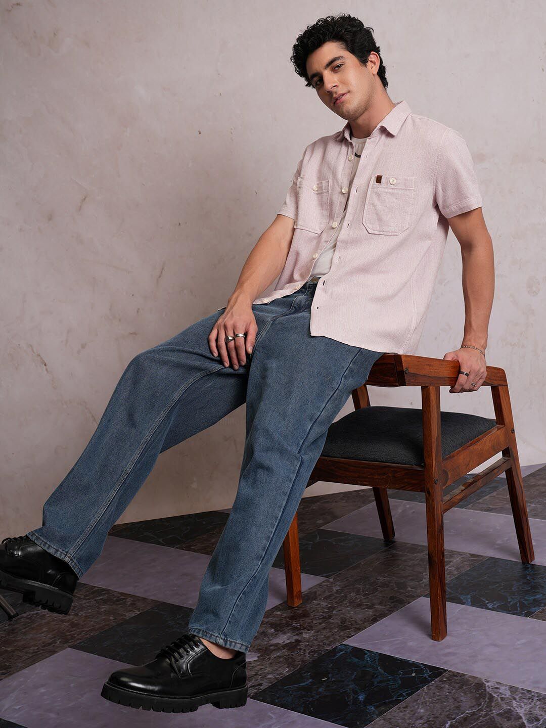 Locomotive Men Light Pink Dobby Textured Checked Utility Pocket Regular Shirt
