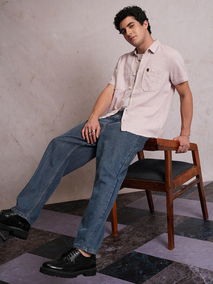 Locomotive Men Light Pink Dobby Textured Checked Utility Pocket Regular Shirt
