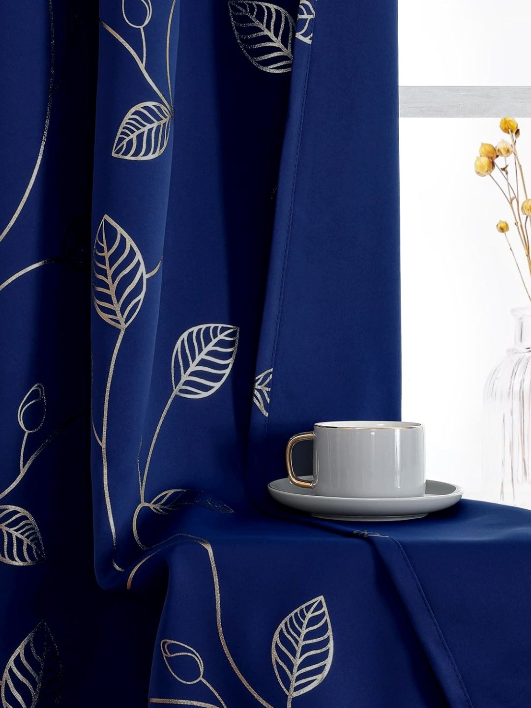 URBAN SPACE Navy Blue & Gold-Toned Floral Printed Black Out Door Curtain