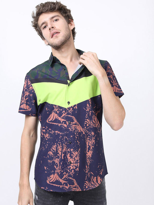 HIGHLANDER Men Navy Blue Slim Fit Printed Casual Shirt