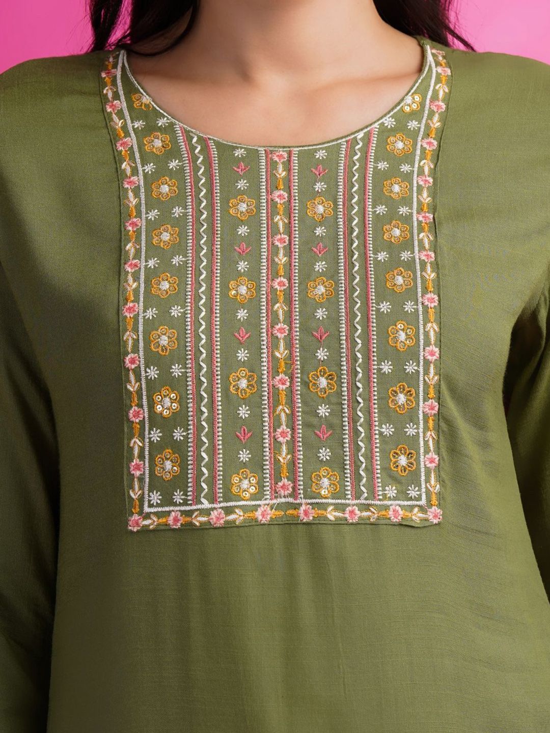 KALINI Embroidered Round Neck Patch Work Straight Kurti